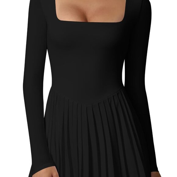 Memoriesea Dresses & Skirts - 🖤 Square Neck Long Sleeve Pleated Mini Dress – Size Large 🖤